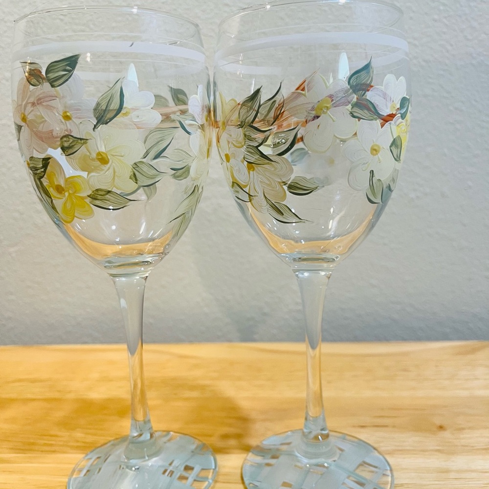 Floral Wine Glass Set - Hand Painted Floral with Yellow and Green Accents